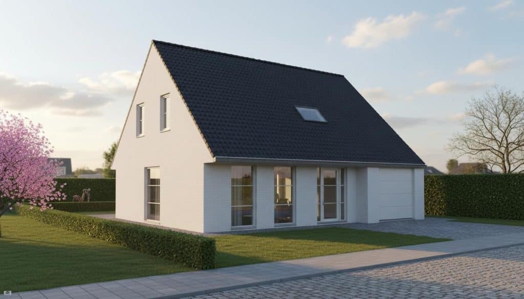 Modern wit nieuwbouwhuis met een zwart zadeldak en strakke tuin