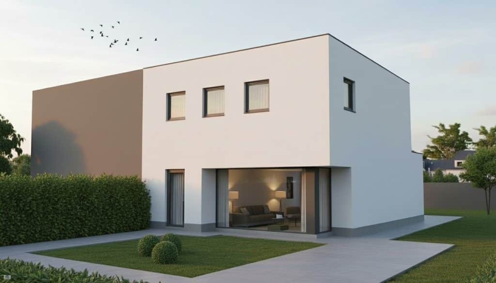 Moderne witte nieuwbouw woning met een plat dak, grote glazen schuifpui en een strakke tuin met gazon.