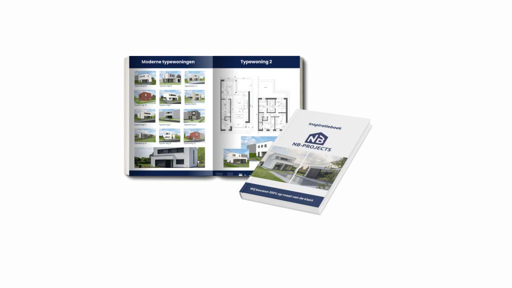 Opengeslagen inspiratieboek van NB-Projects met moderne typewoningen en grondplannen